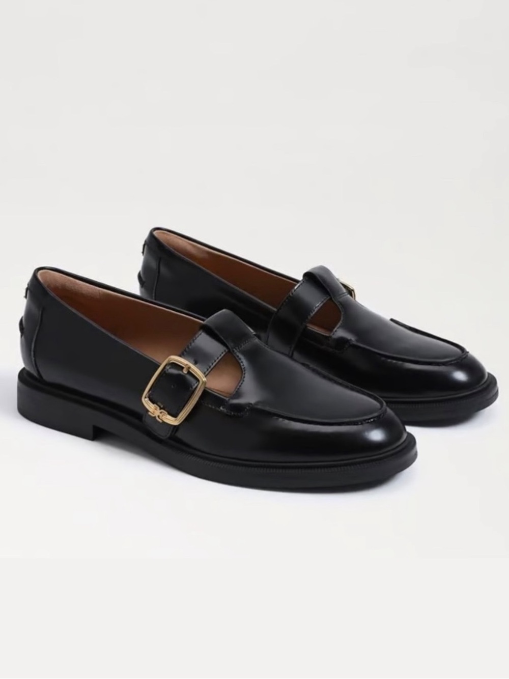 Sam Edelman Elaina Black Leather T-Strap Buckle Loafers Size 7.5